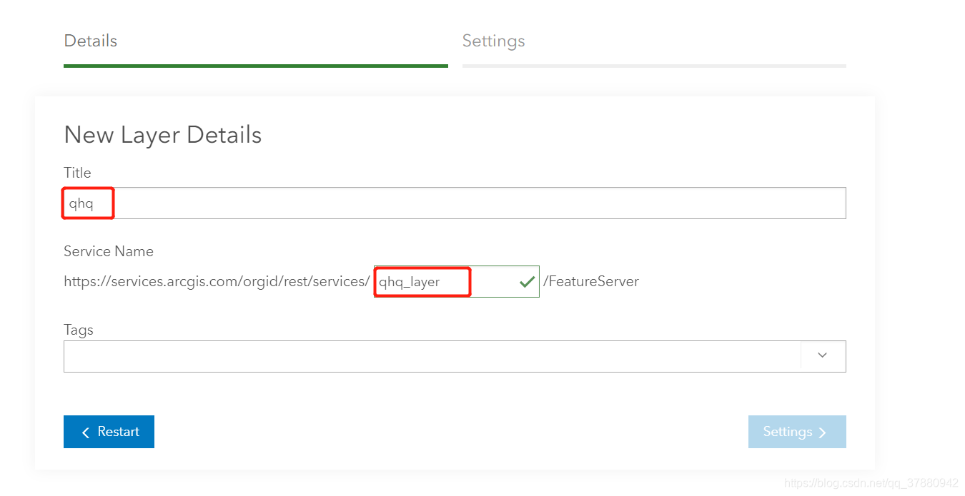 输入图层名称、服务名称